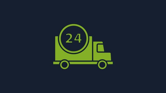 Yellow Fast round the clock delivery by car icon isolated on blue background. 4K Video motion graphic animation