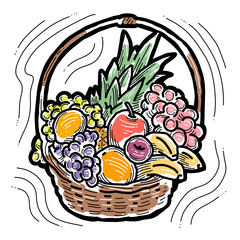 Tasty fresh fruits and vegetables in basket for healthy eating, vegan and vegetarian lifestyle. Garden harvest, market shopping, grocery store. Hand drawn illustration. Cartoon retro vintage drawing.