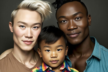 Happy biracial gay family with children, Generative Ai