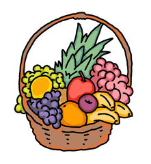 Tasty fresh fruits and vegetables in basket for healthy eating, vegan and vegetarian lifestyle. Garden harvest, market shopping, grocery store. Hand drawn illustration. Cartoon retro vintage drawing.