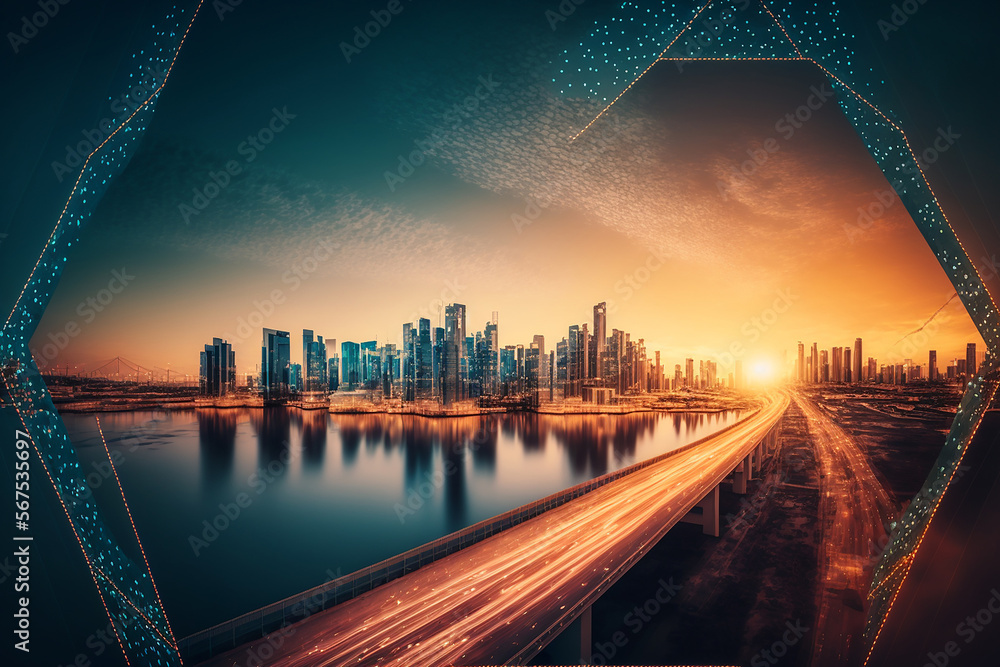 Poster smart city and, polygon pattern connection with speed line light, technology background. illustratio