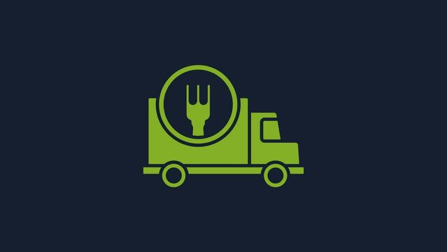 Yellow Fast round the clock delivery by car icon isolated on blue background. 4K Video motion graphic animation