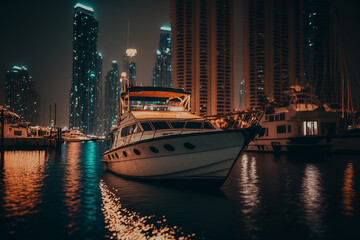 Fototapeta na wymiar Boats in the harbor at night. Illustration Generative AI