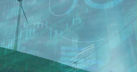 Animation of multiple graphs and computer language over rotating windmills on green land - Powered by Adobe