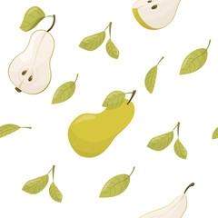 illustration of pear with leaf, illustration of pear isolated on white background, pear with leaves, half of pear, piece of pear isolated	