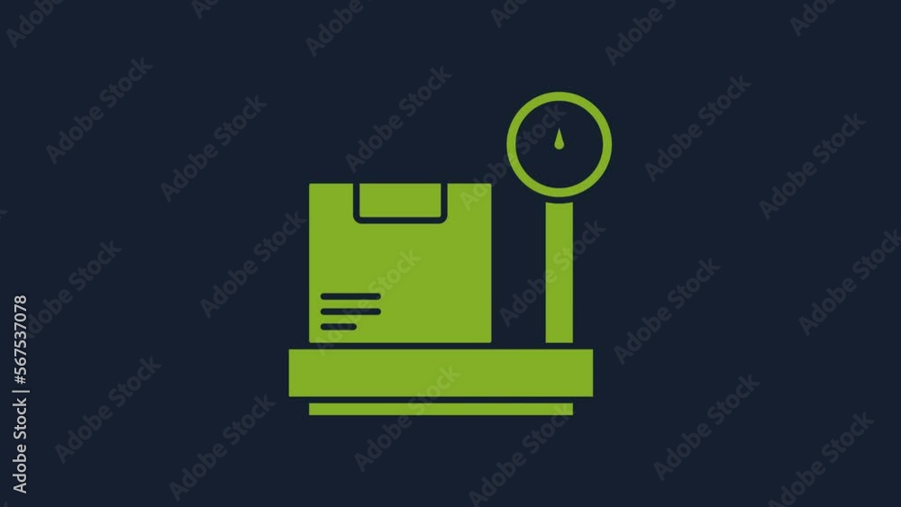 Poster yellow scale with cardboard box icon isolated on blue background. logistic and delivery. weight of d