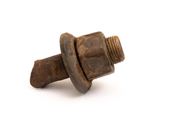 Rusty bolt with cap on a white background