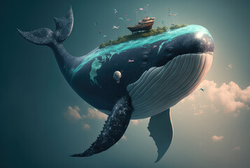 Big mythological blue whale with ship and island on its back flies in sky. Generative AI