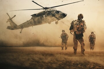 Military soldier between storm and dust at desert	