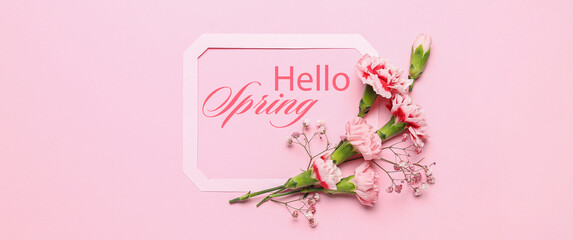 Fototapeta na wymiar Text HELLO, SPRING and beautiful flowers on pink background
