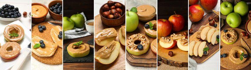 Collage of fresh apples and bread slices with nut butter, blueberries and hazelnuts on table