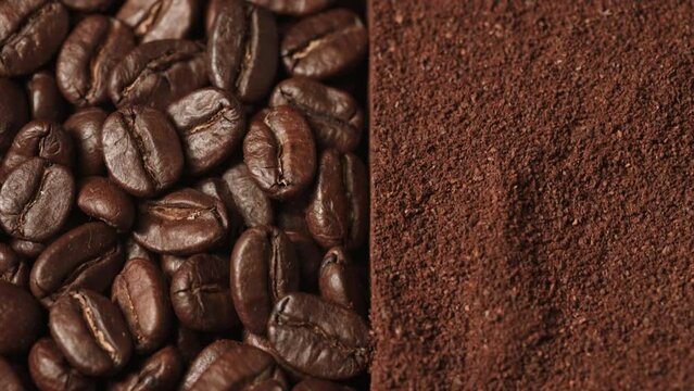 Background of roasted coffee beans. Many coffee beans and ground coffee  in dynamic camera movement. Selective focus. The concept of an advertising banner for a coffee shop or commodity production.