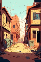 cartoon illustration, ghetto street with poor and dirty houses, generative AI - obrazy, fototapety, plakaty