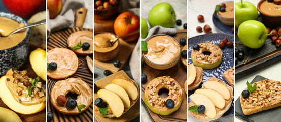Collage of fresh apples and bread slices with nut butter, blueberries and hazelnuts on table