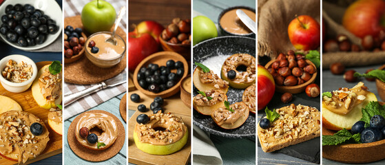 Group of fresh apples and bread slices with nut butter, blueberries and hazelnuts on table