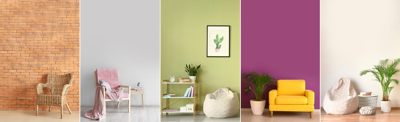 Group of trendy armchairs in minimalist interiors of room