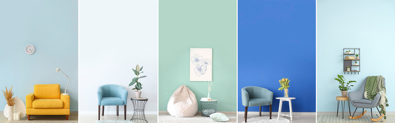 Collage of stylish armchairs in minimalist interiors of room