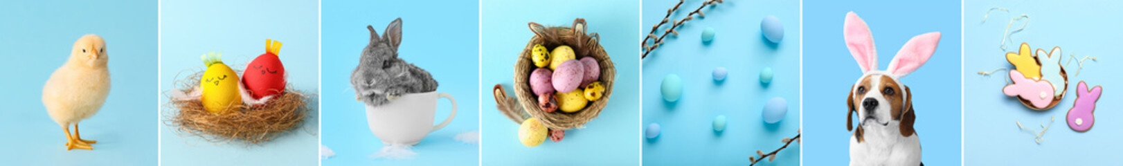Collage with symbols of Easter on light blue background © Pixel-Shot