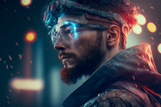 Portrait of bearded cyberpunk man on the night street with blurred bokeh neon city lights. Cyborg character wearing virtual reality goggles. Generative AI