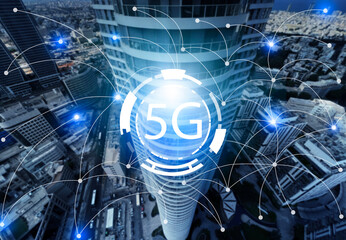 View of modern skyscraper in city. Concept of 5g