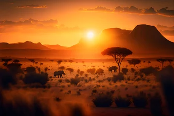 Vlies Fototapete Rot  violett African savanna with mountain in national wild park at sunrise 