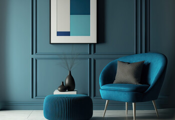 Elegant modern living room decor featuring a pouf, a wooden commode, a mock up poster frame, and contemporary home decor. colored wall. . Copy space. Generative AI