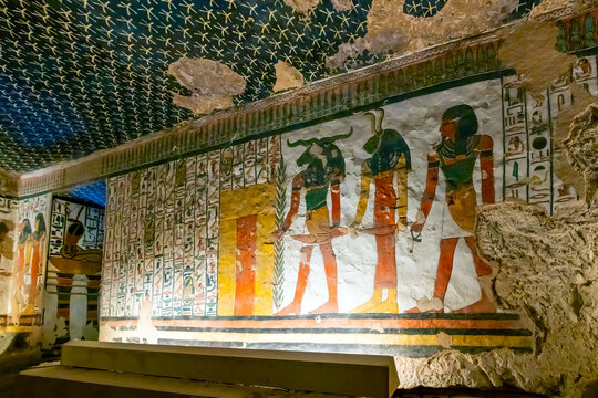 General interior view of a painted wall featuring images of Goddess of war and healing Sekhmet in Tomb QV66 in the Valley of the Queens, Luxor Egypt on November 17 2022.
