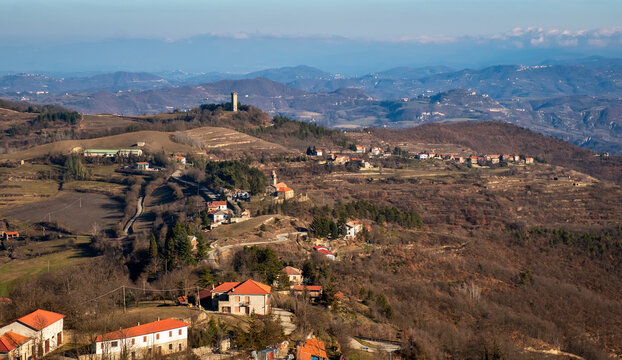 Winter panorama of the hills of Langhe (Piedmont, Northern Italy); this area is world famous for valuable red and sparkling wines production and hazelnuts cultivation.