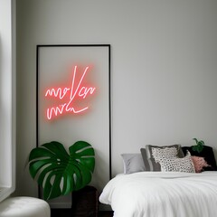Neon sign monstera in the decor of the bedroom. Trendy style. Neon sign. Custom neon. Home decor - generative ai