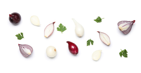 Composition with cut onion and parsley on white background