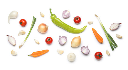 Composition with fresh vegetables isolated on white background