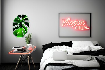 Neon sign monstera in the decor of the bedroom. Trendy style. Neon sign. Custom neon. Home decor - generative ai