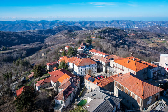 Aerial view of Roccaverano, small city in the hilly region of Langhe (Piedmont, Northern Italy); this area is world famous for valuable wines and hazelnuts productions.