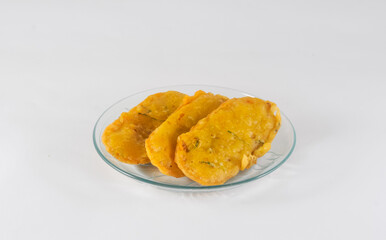 fried tempeh on white background