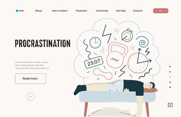 Mental disorders web template. Procrastination - modern flat vector illustration of man suffering under the weight of problems and obligations. People emotional, psychological, mental traumas concept