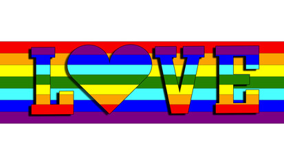 love playing with the colors of the rainbow and behind the rainbow flag. Valentine's Day, the celebration of all lovers. Word written in 3d graphics and neutral background.