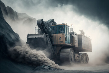 Excavator and mining truck carrying a little portion of stones in a slate quarry, close up, in a cloud of stone dust. Generative AI