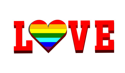 love, with the rainbow flag in the heart, Valentine's Day is the feast of all lovers. Word written in 3d graphics and neutral background.
