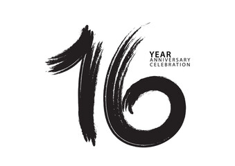 16 year anniversary celebration logotype black paintbrush vector, 16 number design, 16th Birthday invitation, anniversary template, logo number design vector, calligraphy font, typography logo - obrazy, fototapety, plakaty