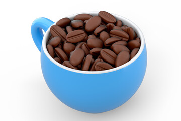 Ceramic coffee cup with coffee beans for americano, espresso, latte on white