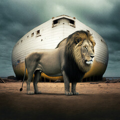 A huge lion next to Noah's Ark - generative ai