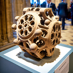 A wooden gyroid sculpture from Greco-Roman antiquity on display in a museum of antiquities - generative ai