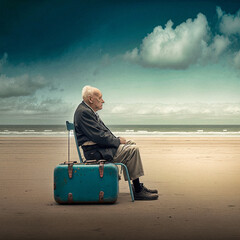 Fototapeta premium An old person alone by the sea - generative ai