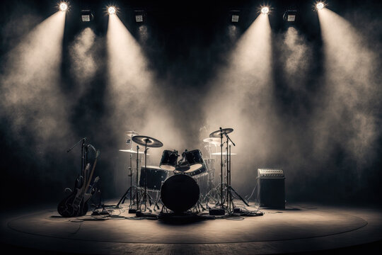 empty stage with lighting, a drum set, a guitar, and mics. Generative AI