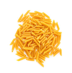 Heap of raw penne pasta isolated on white background