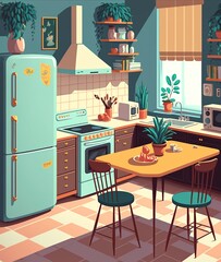 cartoon illustration, kitchen interior with dining table, fridge,chairs and plants, generative ai