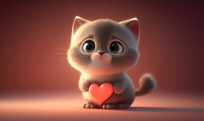 Cute Cartoon Cat Holding a Red Heart. Generative AI