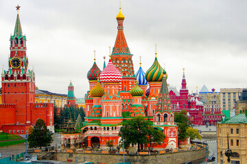 Above St Basil Cathedral, Red Square and Kremlin panorama, Moscow, Russia