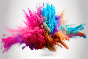 Fototapeta premium eruption of colored powder against a white background. cloud with color. Bright dust explodes. Generative AI