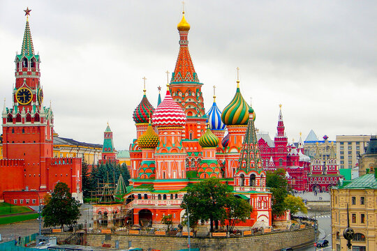 Above St Basil Cathedral, Red Square and Kremlin panorama, Moscow, Russia